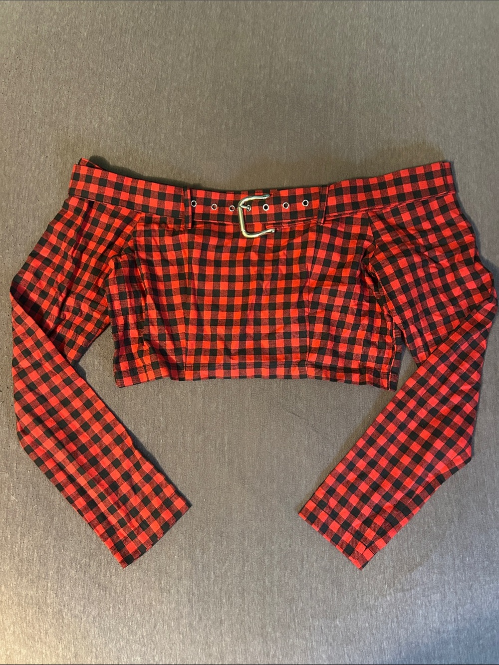 Urban Outfitters Milk It Red and Black Gingham Off-Shoulder Crop Top with Belt